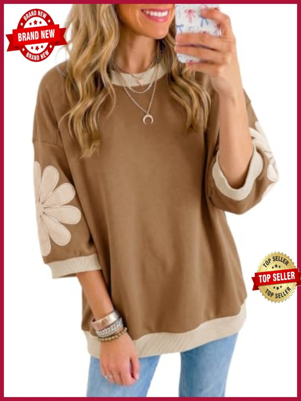 Womens 3/4 Sleeve Floral Patch Sweatshirt Oversized Pullover Top
